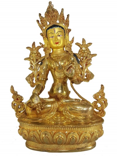 Statue Of White Tara [full Fire Gold Plated] And [painted Face]