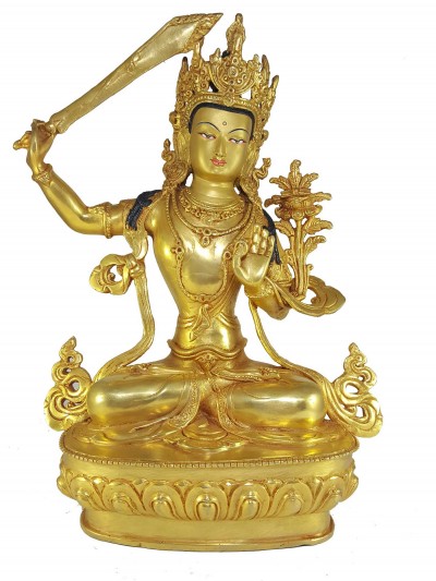 Statue Of Manjushri [full Fire Gold Plated] And [painted Face]