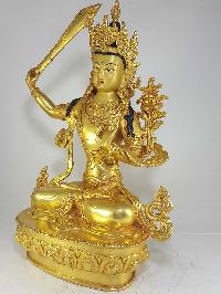 Statue Of Manjushri [full Fire Gold Plated] And [painted Face]