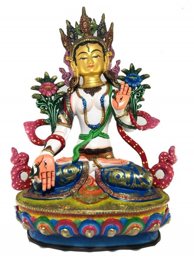 Statue Of White Tara [gold Plated] And [traditional Color Finishing]