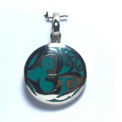 White Metal Tourquise Color Om Pendant With Stone Setting