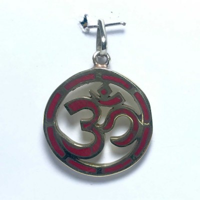 White Metal Red Om Pendant With Stone Setting