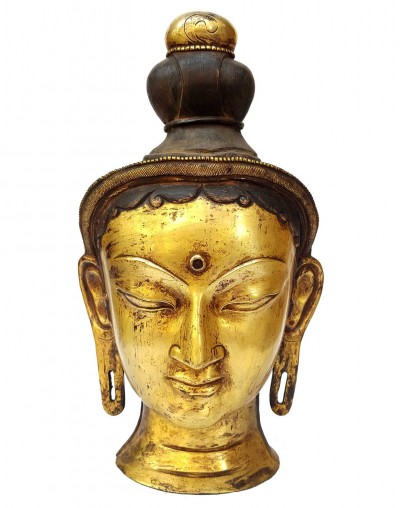 Tibetan Statue Of Green Tara Head [full Fire Gold Plated], Antique Finishing