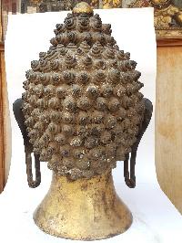 Tibetan Statue Of Buddha Head [full Fire Gold Plated], Antique Finishing