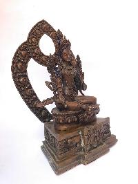 Tibetan Statue Of Green Tara,on Throne, [silver Plated Oxidized]