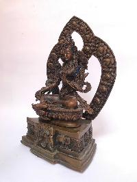 Tibetan Statue Of Green Tara,on Throne, [silver Plated Oxidized]