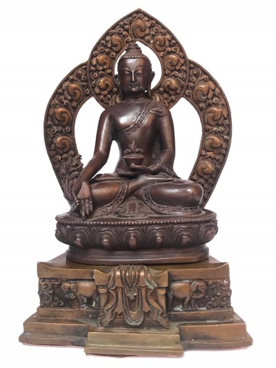 Tibetan Statue Of Medicine Buddha,on Throne, [silver Plated Oxidized]