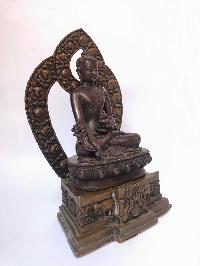 Tibetan Statue Of Medicine Buddha,on Throne, [silver Plated Oxidized]