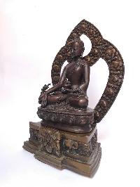 Tibetan Statue Of Medicine Buddha,on Throne, [silver Plated Oxidized]