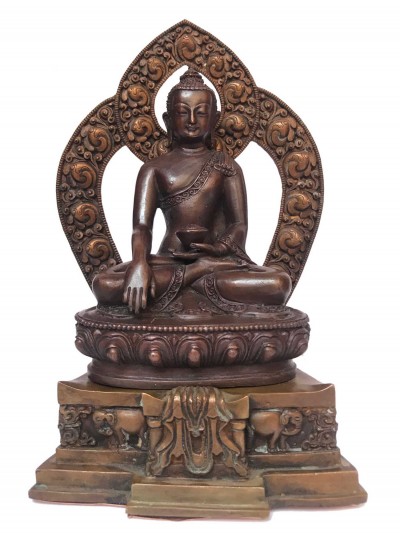 Tibetan Statue Of Shakyamuni Buddha, On Throne, [silver Plated Oxidized]