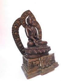 Tibetan Statue Of Shakyamuni Buddha, On Throne, [silver Plated Oxidized]