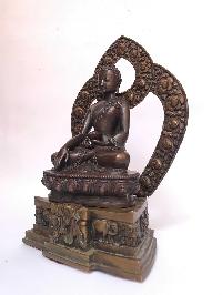 Tibetan Statue Of Shakyamuni Buddha, On Throne, [silver Plated Oxidized]