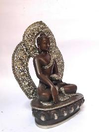 Tibetan Statue Of Shakyamuni Buddha, With Background, [silver Plated Oxidized]