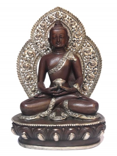 Tibetan Statue Of Amitabha Buddha, With Background, [silver Plated Oxidized]