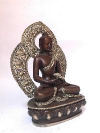 Tibetan Statue Of Amitabha Buddha, With Background, [silver Plated Oxidized]