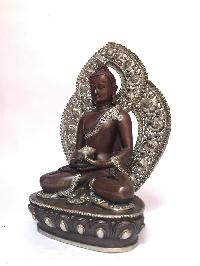 Tibetan Statue Of Amitabha Buddha, With Background, [silver Plated Oxidized]