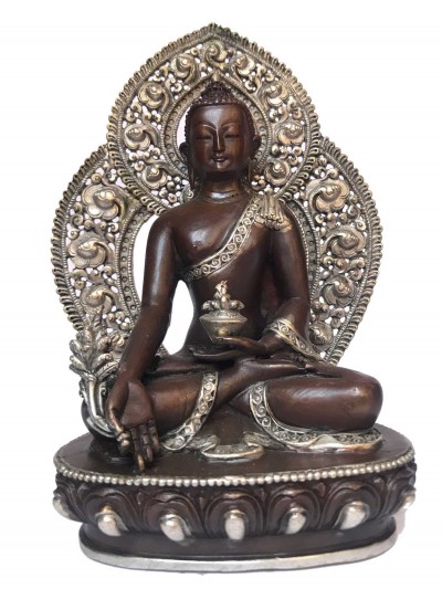 Tibetan Statue Of Medicine Buddha,with Background, [silver Plated Oxidized]