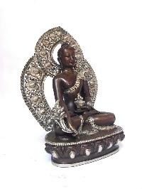 Tibetan Statue Of Medicine Buddha,with Background, [silver Plated Oxidized]