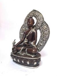 Tibetan Statue Of Medicine Buddha,with Background, [silver Plated Oxidized]