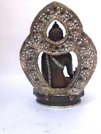 Tibetan Statue Of Medicine Buddha,with Background, [silver Plated Oxidized]