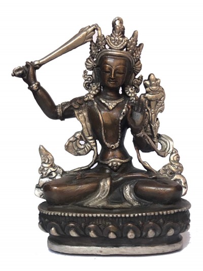 Tibetan Statue Of Manjushri, [silver Plated Oxidized]