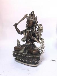 Tibetan Statue Of Manjushri, [silver Plated Oxidized]