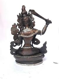 Tibetan Statue Of Manjushri, [silver Plated Oxidized]