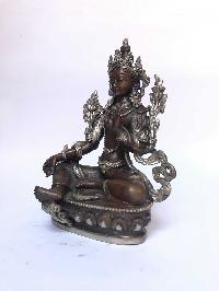 Tibetan Statue Of Green Tara, [silver Plated Oxidized]