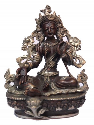 Tibetan Statue Of Green Tara, [silver Plated Oxidized]