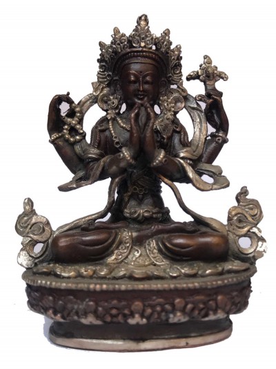 Tibetan Statue Of Avalokiteshvara, Chenrezig, [silver Plated Oxidized]