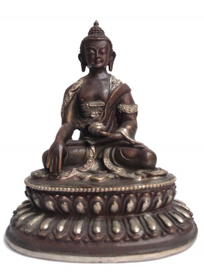 Tibetan Statue Of Shakyamuni Buddha, Double Lotus Base, [silver Plated Oxidized]