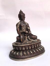 Tibetan Statue Of Shakyamuni Buddha, Double Lotus Base, [silver Plated Oxidized]