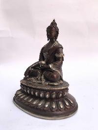 Tibetan Statue Of Shakyamuni Buddha, Double Lotus Base, [silver Plated Oxidized]