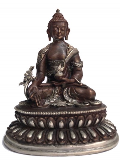 Tibetan Statue Of Medicine Buddha, Double Lotus Base, [silver Plated Oxidized]