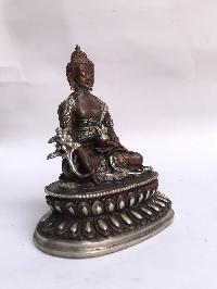 Tibetan Statue Of Medicine Buddha, Double Lotus Base, [silver Plated Oxidized]