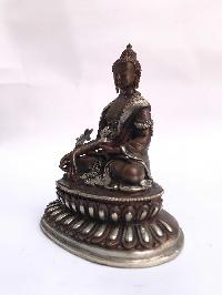 Tibetan Statue Of Medicine Buddha, Double Lotus Base, [silver Plated Oxidized]