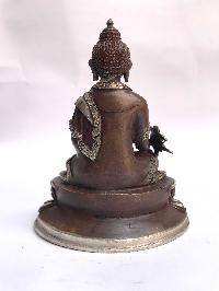 Tibetan Statue Of Medicine Buddha, Double Lotus Base, [silver Plated Oxidized]