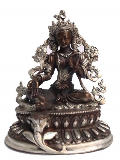 Tibetan Statue Of Green Tara, Double Lotus Base, [silver Plated Oxidized]