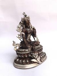 Tibetan Statue Of Green Tara, Double Lotus Base, [silver Plated Oxidized]