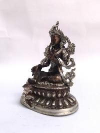 Tibetan Statue Of Green Tara, Double Lotus Base, [silver Plated Oxidized]