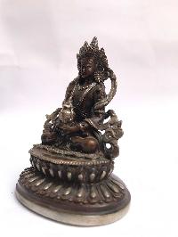 Tibetan Statue Of Aparimita, Double Lotus Base, [silver Plated Oxidized], Chepame, Amitayus