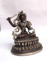 Tibetan Statue Of Manjushri, Double Lotus Base, [silver Plated Oxidized]