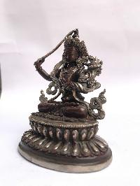 Tibetan Statue Of Manjushri, Double Lotus Base, [silver Plated Oxidized]