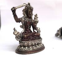 Tibetan Statue Of Manjushri, Double Lotus Base, [silver Plated Oxidized]