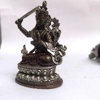 Tibetan Statue Of Manjushri, Double Lotus Base, [silver Plated Oxidized]