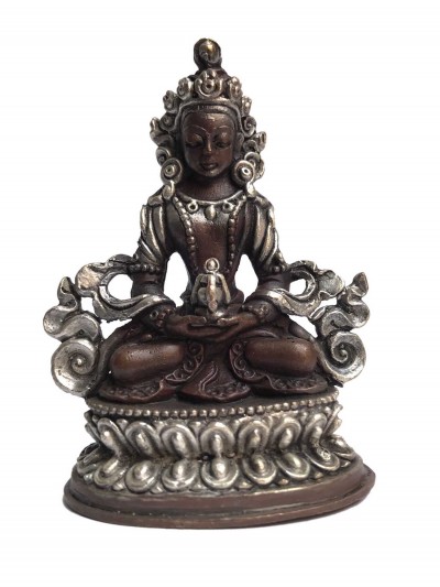 Tibetan Statue Of Amitayus, Aparimita, Double Lotus Base, [silver Plated Oxidized]