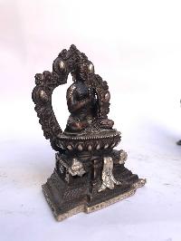 Tibetan Statue Of Vairochana Buddha, On Throne, [silver Plated Oxidized]