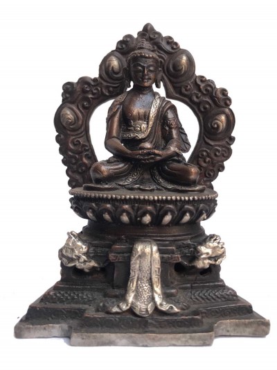 Tibetan Statue Of Amitabha Buddha, On Throne, [silver Plated Oxidized]