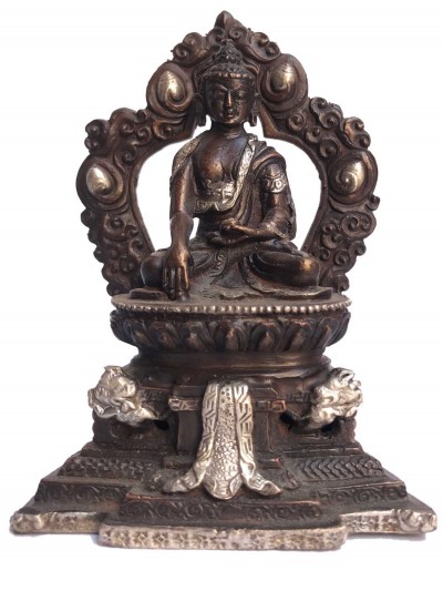 Tibetan Statue Of Shakyamuni Buddha, On Throne, [silver Plated Oxidized]