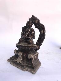 Tibetan Statue Of Shakyamuni Buddha, On Throne, [silver Plated Oxidized]